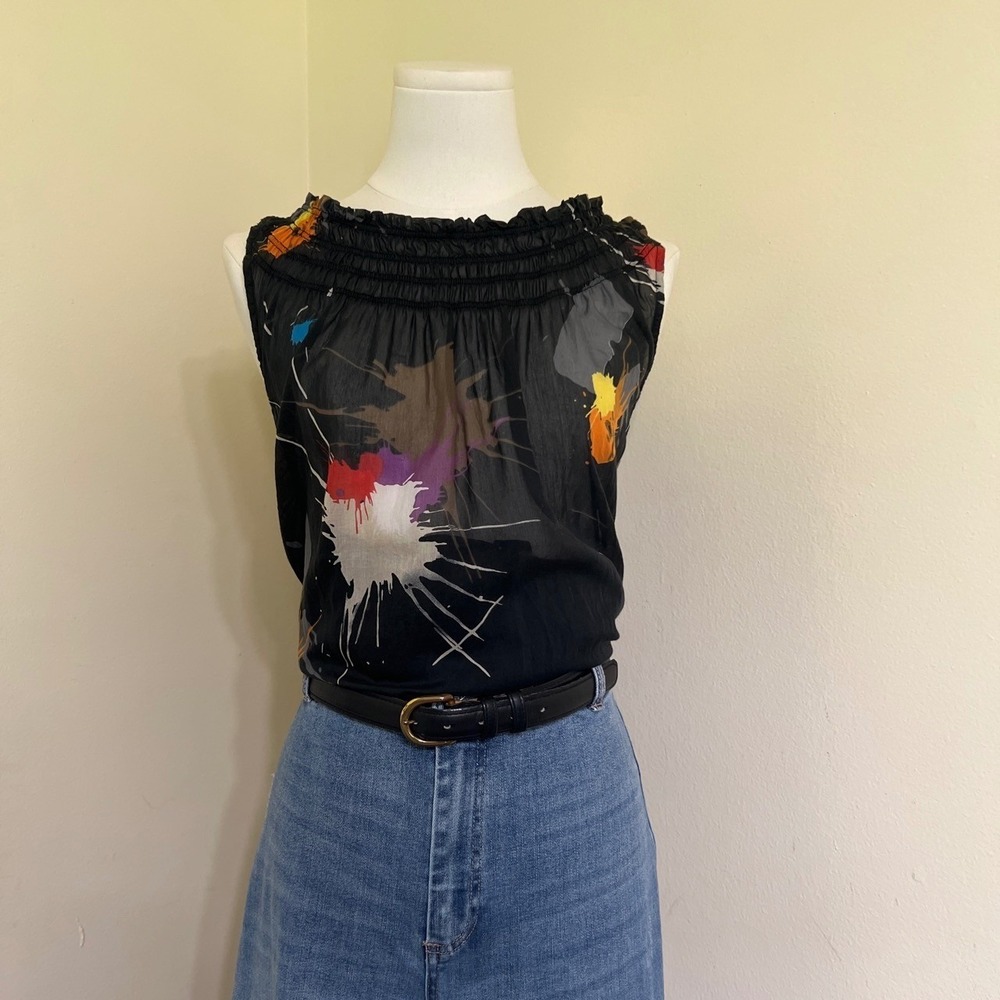 Trinity Cotton Silk Paint Splatter Abstract Smocked Ruffle Blouse Black Small